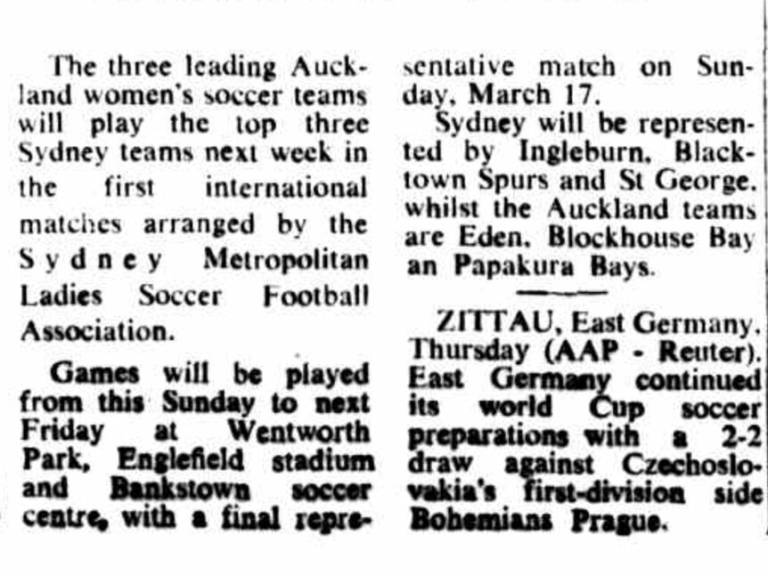 A newspaper clipping talking about a women's sports tournament from the 1970s