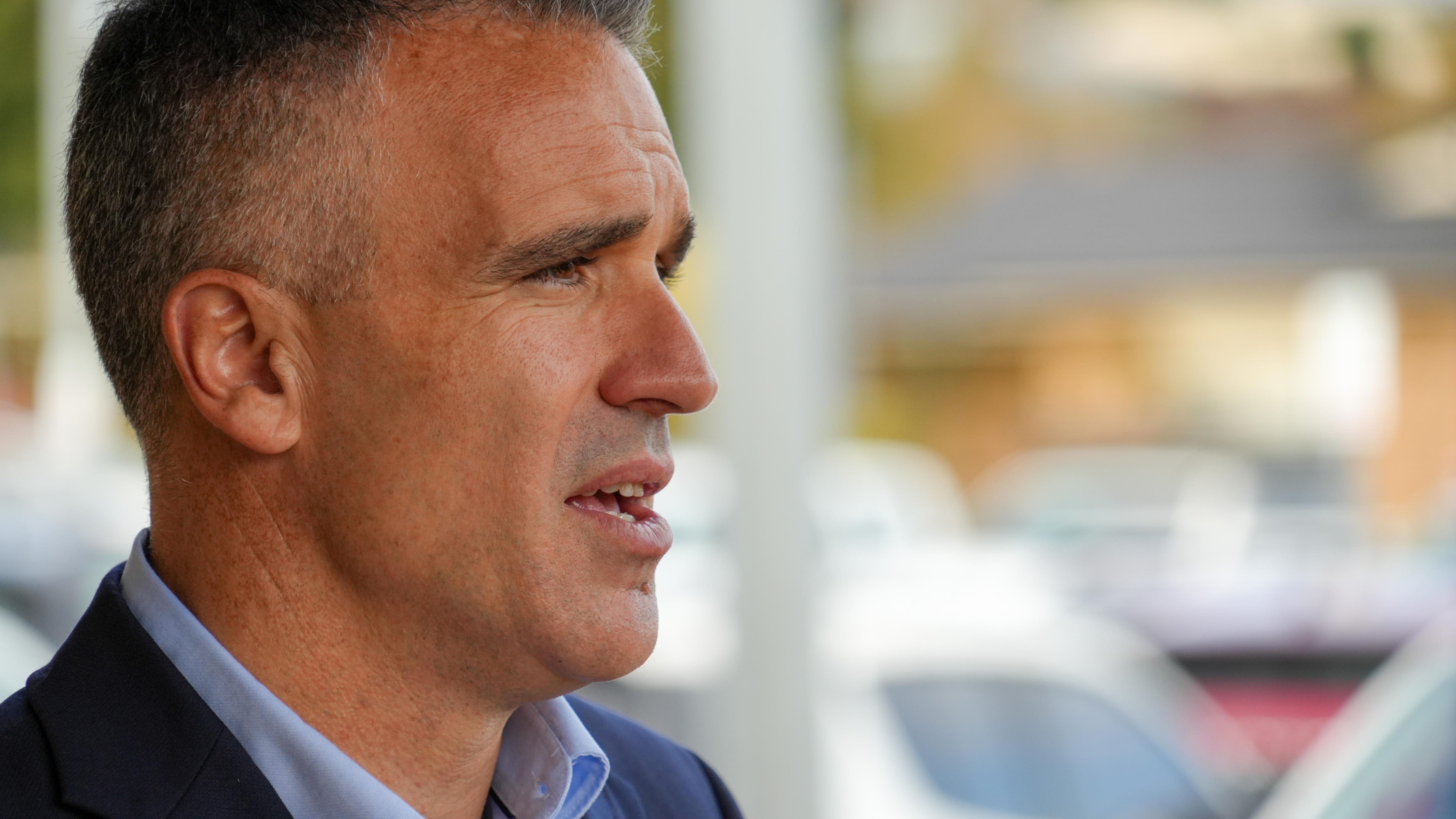 Peter Malinauskas looks serious mid-speech