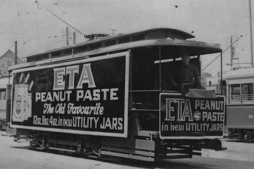 A photo of a tram advertising ETA Peanut Paste in Queensland in the 1930s.