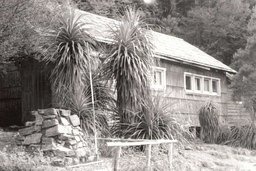 A black and white photo of a wooden hut in the wilderness