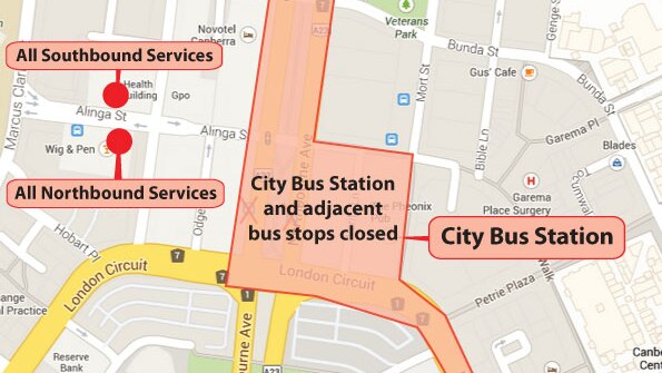Map of the temporary bus stops until the interchanged is reopened.