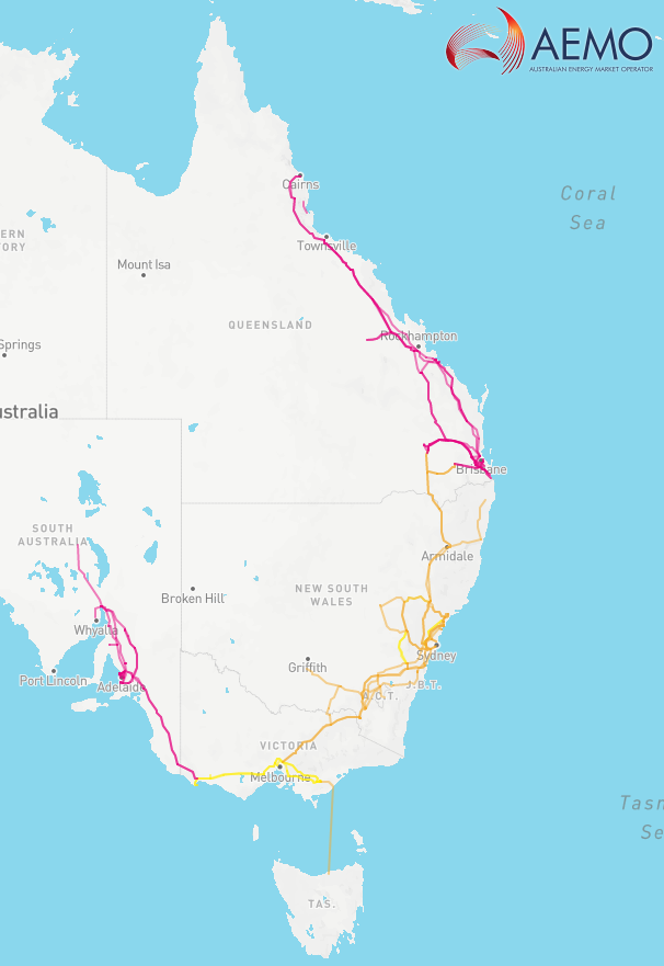 A map showing power infrastructure stretching across Australia.