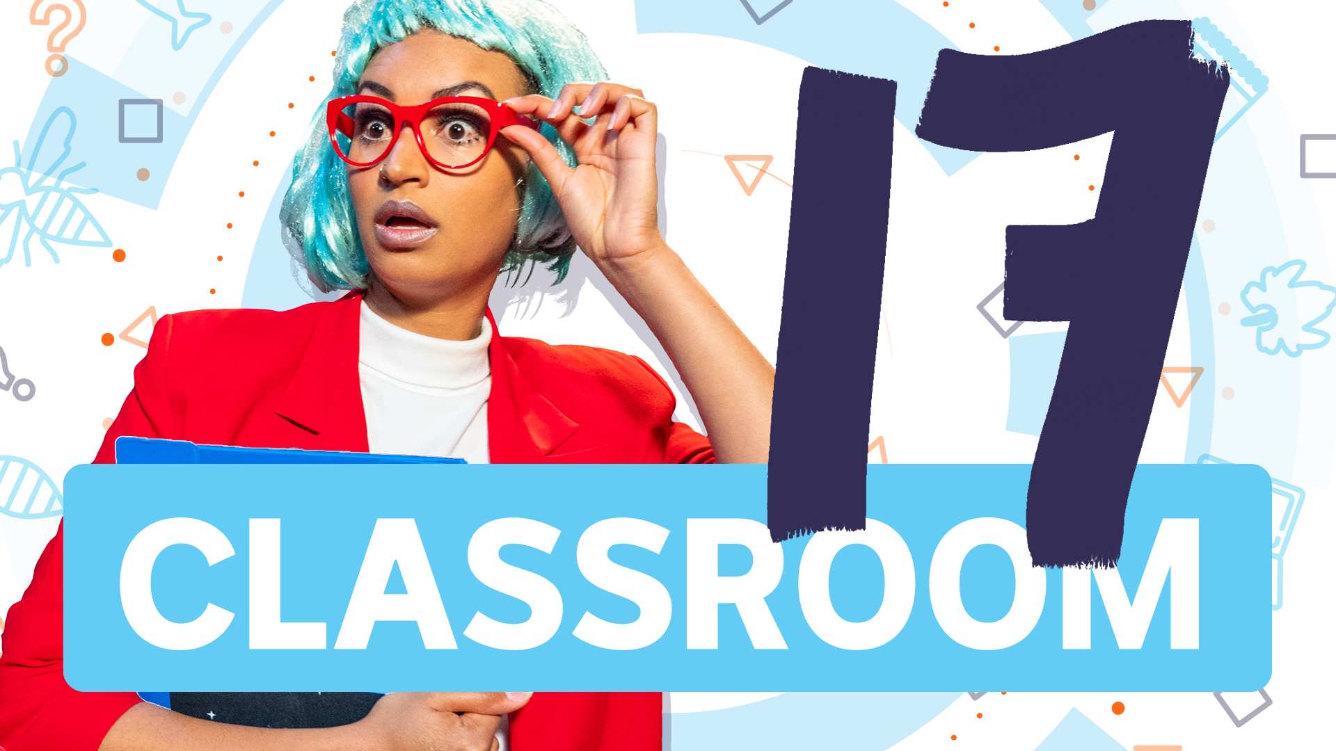 Amelia dressed in bright business suit and silver bob wig acts a shocked look. Number 17.