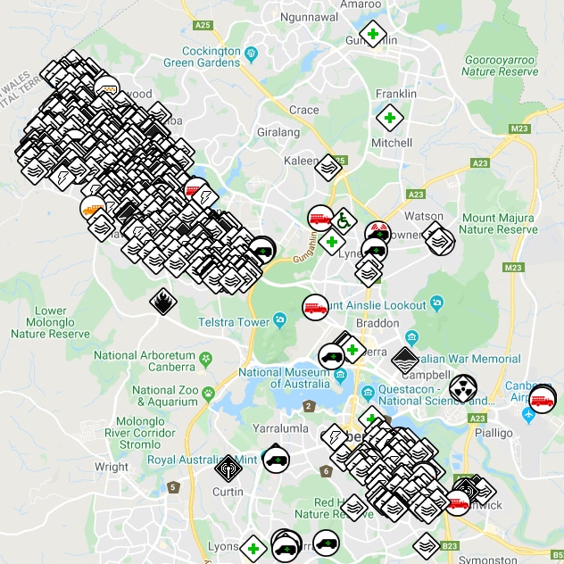 A map shows areas impacted by the storm across the ACT