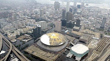 The New Orleans Superdome is surrounded by floodwaters from Hurricane Katrina.