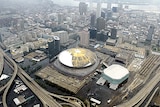 The New Orleans Superdome is surrounded by floodwaters from Hurricane Katrina.