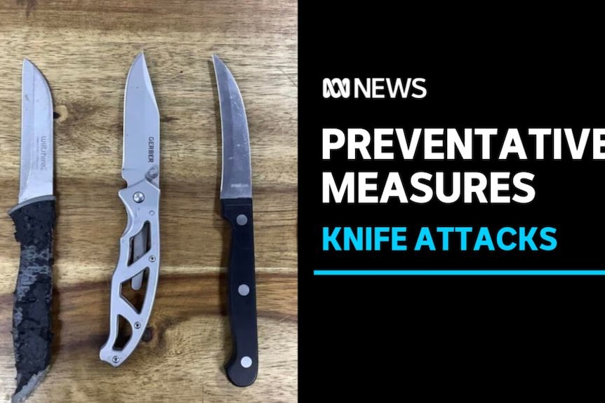 Preventative Measures, Knife Attacks: Three knives lie on a wooden table.