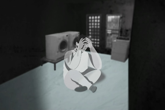 A computer-generated image of a boy huddled in the corner of a laundry