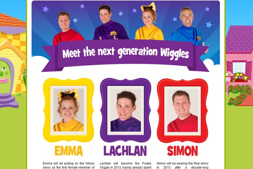 New Wiggles Emma Watkins (yellow), Lachlan Gillespie (purple) and Simon Pryce (red) have been introduced on the group's website.