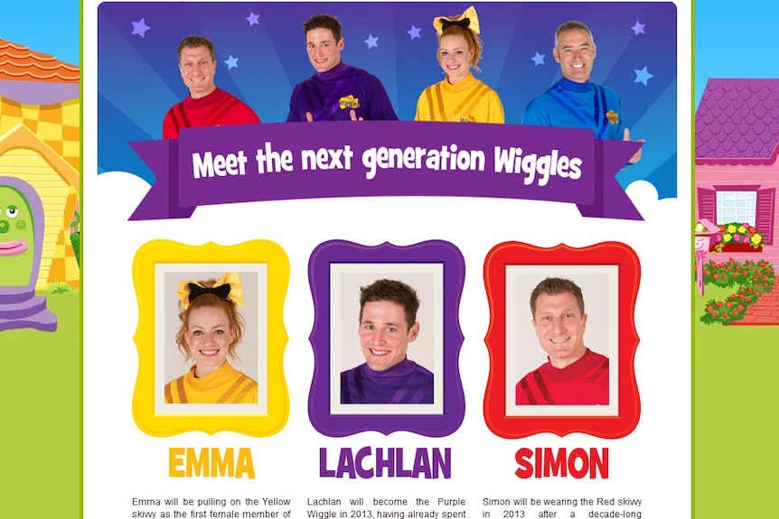 New Wiggles Emma Watkins (yellow), Lachlan Gillespie (purple) and Simon Pryce (red) have been introduced on the group's website.