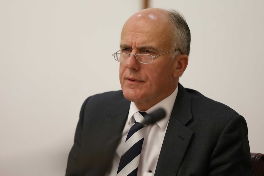 Eric Abetz, wearing a black suit with a white shirt and black and white striped tie, stares intently with a furrowed brow.