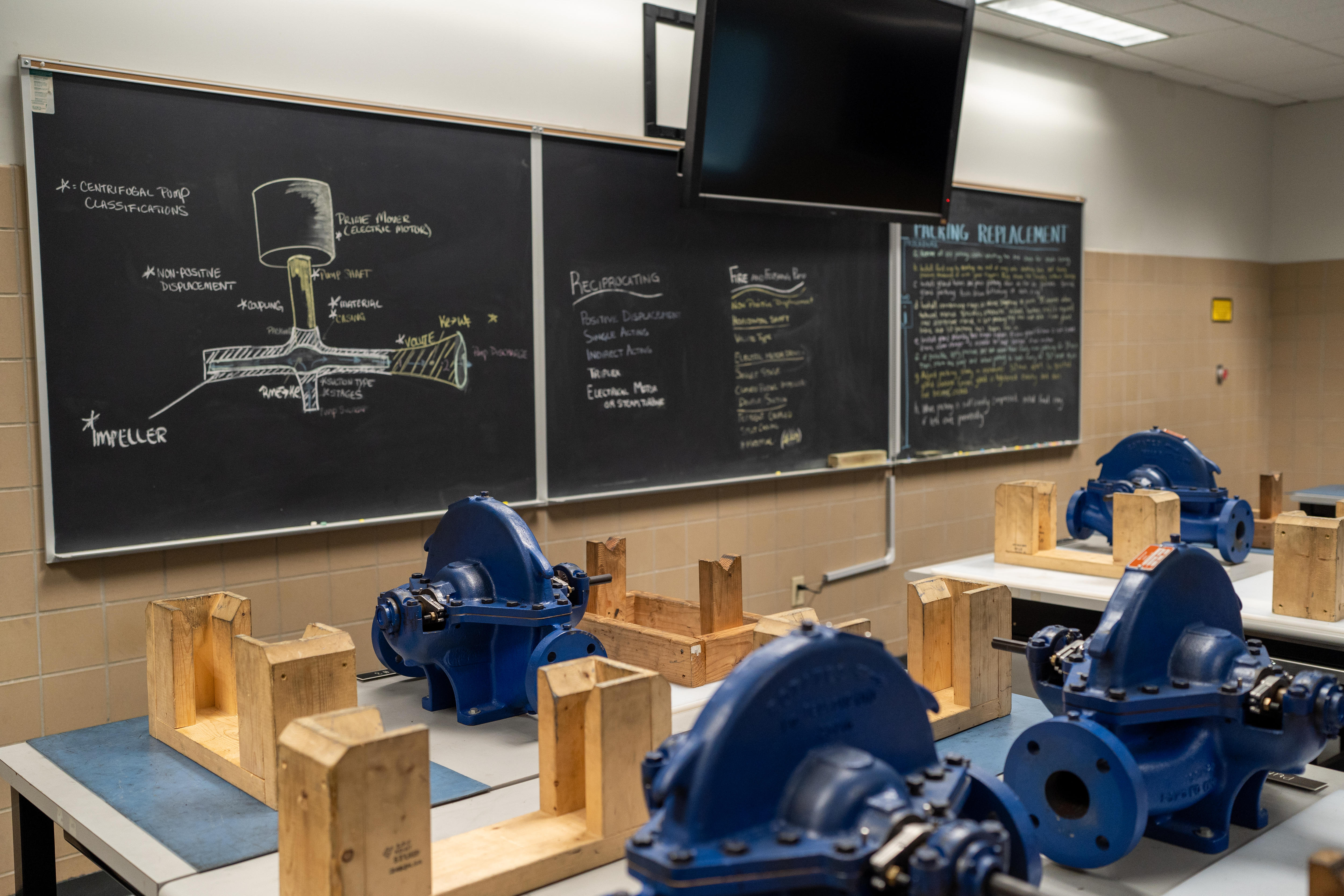 A diagram is drawn in chalk on a blackboard. It shows centrifugal pump classifications