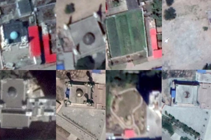 A composite of eight aerial images shows before and after pictures of areas where domed mosques had stood before being destroyed