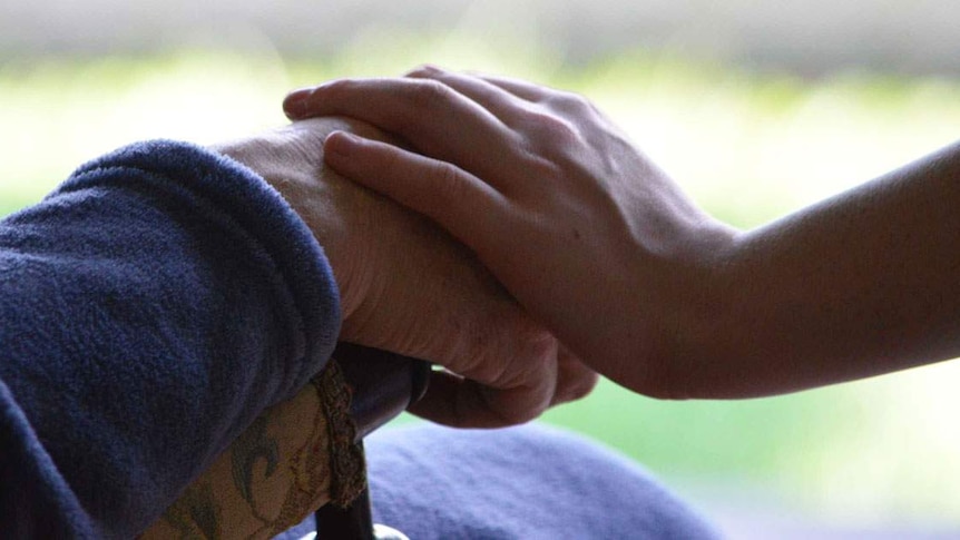 A young girl's hand over an elderly man's hand sitting on the arm of a chair.