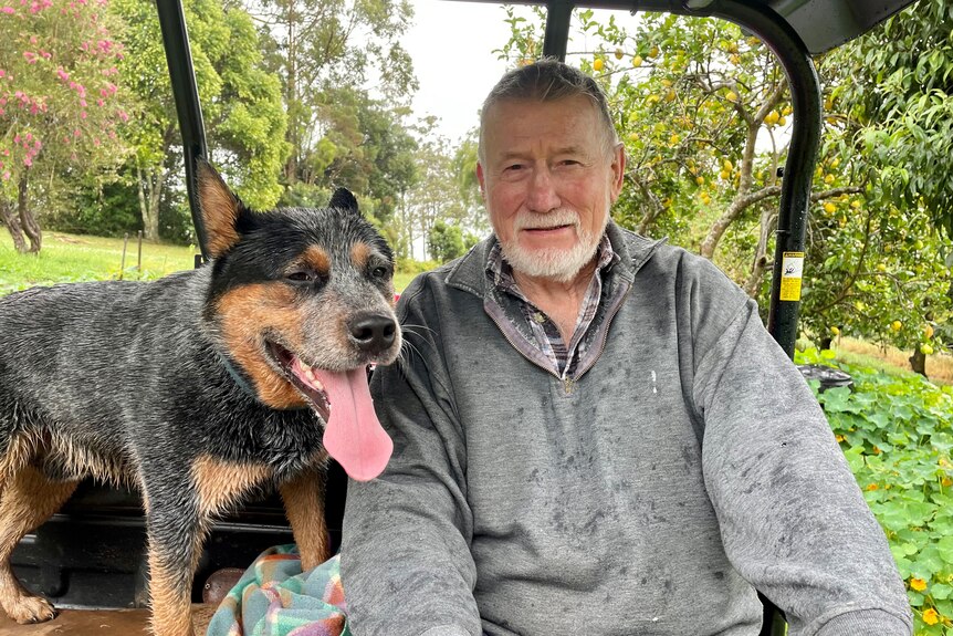 An older man in a grey top sits on a farm vehicle with his dog.
