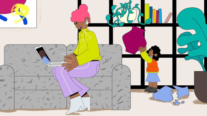 Illustration of a mum on laptop while her child breaks vases in a story about giving toddlers attention while working from home.