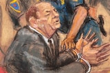 A sketch depicting the moment Weinstein is handcuffed after his guilty verdict.
