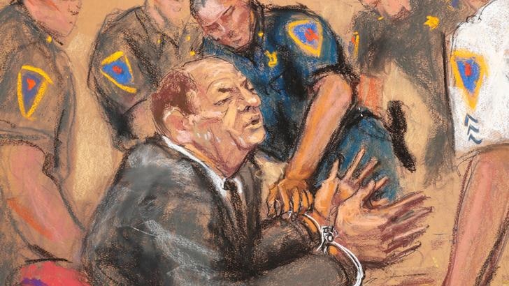 A sketch depicting the moment Weinstein is handcuffed after his guilty verdict.