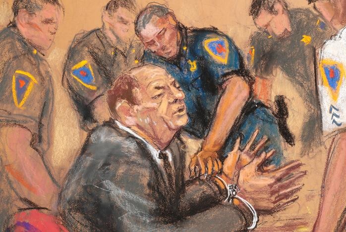 A sketch depicting the moment Weinstein is handcuffed after his guilty verdict.