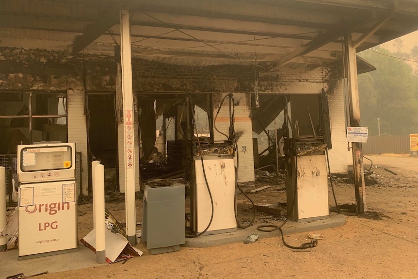 A burnt out petrol station.