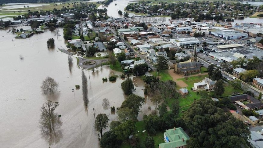 An aerial view of flooding in Maitland, where river levels peaked slightly below 10 metres.