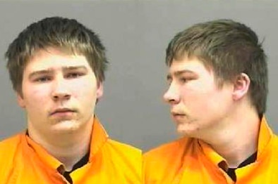 Mugshots, one front-on and one in profile, show Brendan Dassey in an orange prison jumpsuit in front of a grey background.