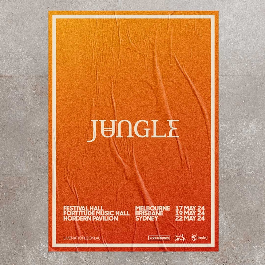 Image of orange poster for Jungle 2024 Australian tour on concrete wall