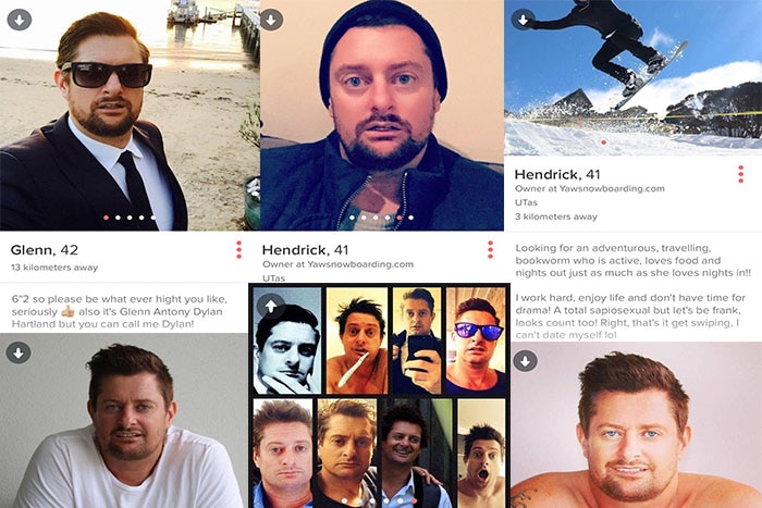 A composite image of Glenn Hartland's Tinder profiles