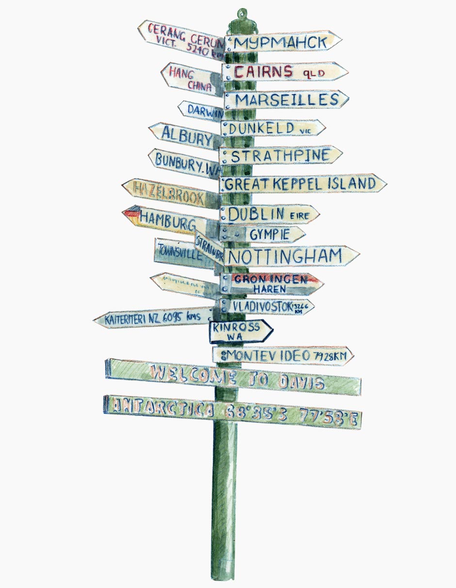 A sign post pointing to cities and towns the world over, with the distances to each place.