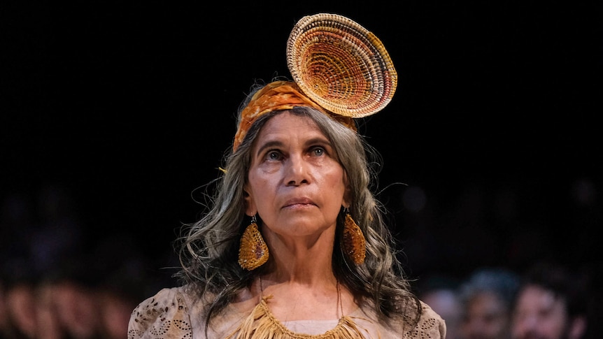 Woman with long grey hair wears Indigenous head piece and large earrings and gazes away from camera