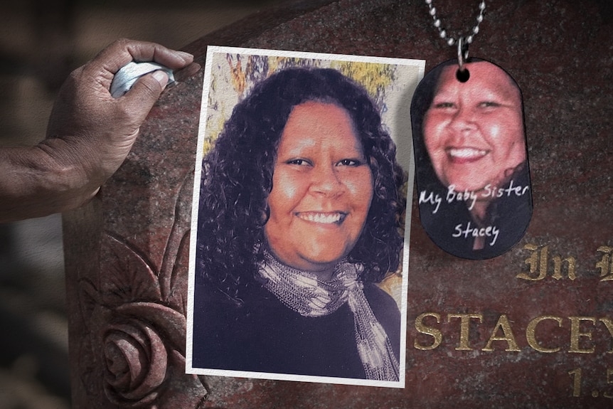 A composite shot of Stacey with dark, curly hair, her grave stone and a pendant with her face on it