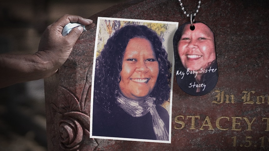 A composite shot of Stacey with dark, curly hair, her grave stone and a pendant with her face on it