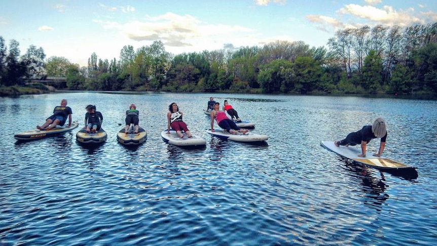 SUP yoga class on Canberra's Lake Burley Griffin.