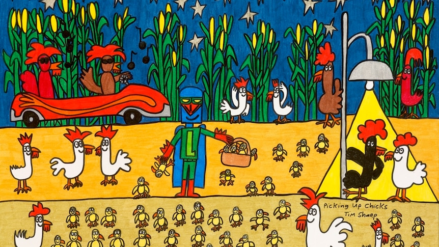 A bright-coloured drawing of an outdoor night-time scene at farm showing Laser Beak Man gathering baby chickens in basket.