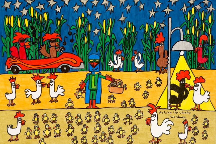 A bright-coloured drawing of an outdoor night-time scene at farm showing Laser Beak Man gathering baby chickens in basket.