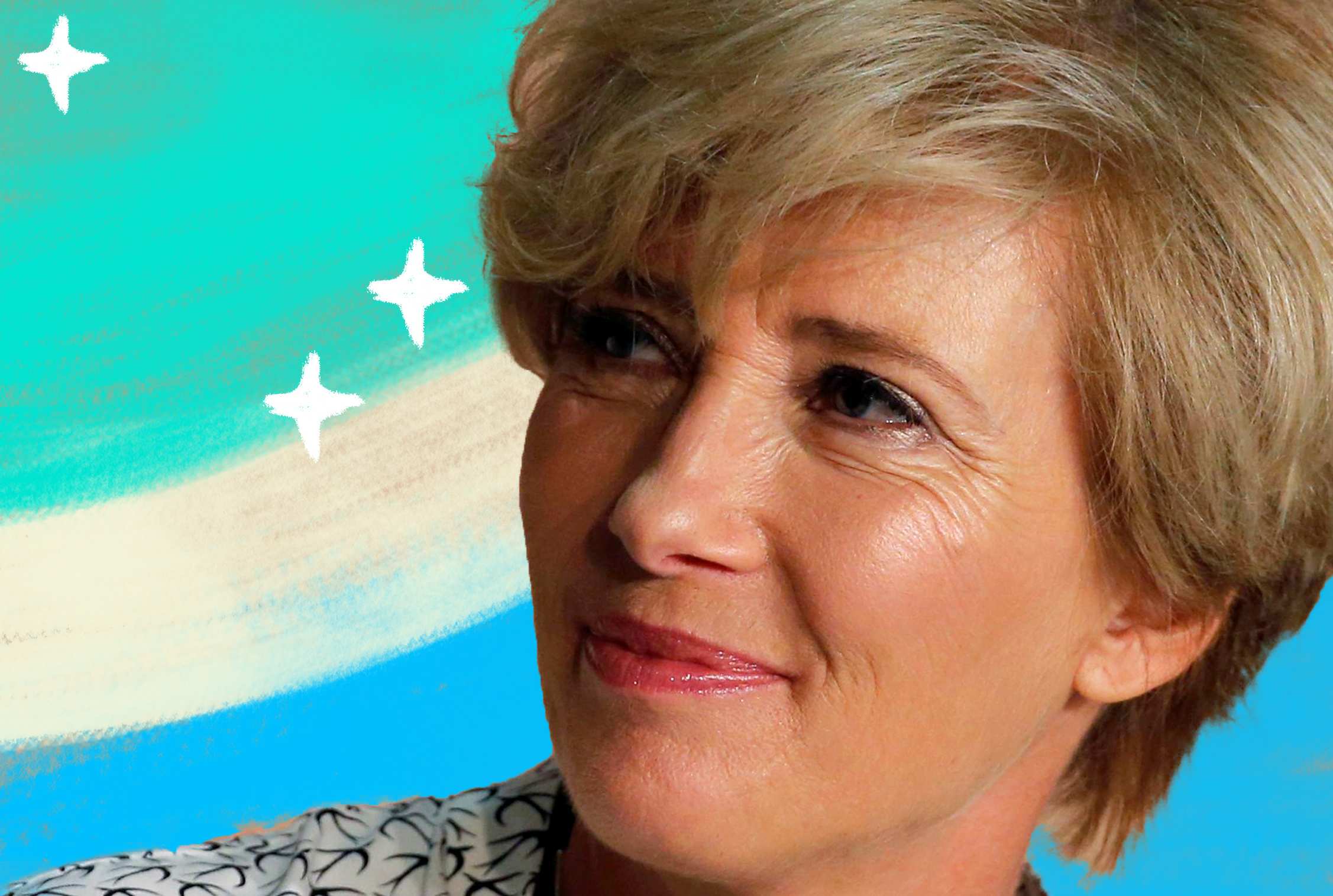 Portrait of Emma Thompson looking to the left with illustrated stars and aqua in the background.
