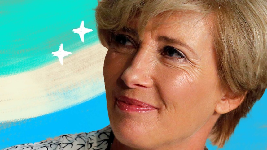 Portrait of Emma Thompson looking to the left with illustrated stars and aqua in the background.
