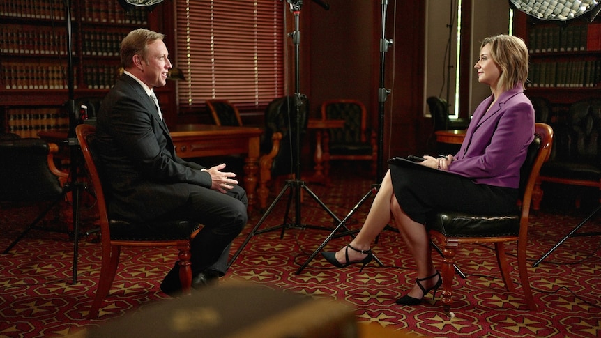 Premier Steven Miles sits across from ABC presenter Jessica van Vonderen in an interview