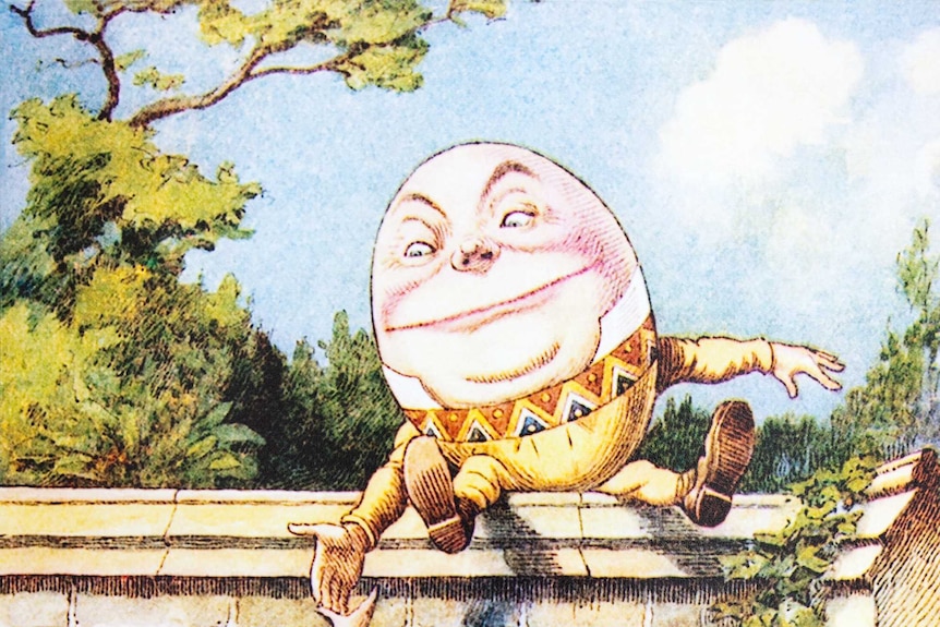 Humpty Dumpty sitting on a wall reaching down to Alice from an illustration of Alice in Wonderland