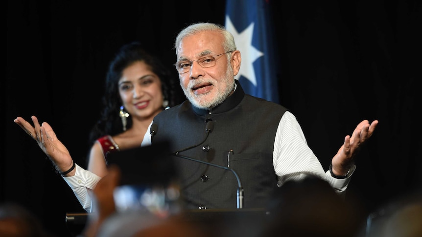 Indian prime minister Narendra Modi speaks at a reception held by former Australian prime minister Tony Abbott.