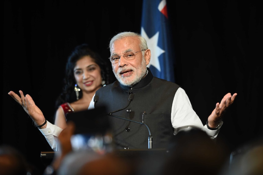 Indian prime minister Narendra Modi speaks at a reception held by former Australian prime minister Tony Abbott.