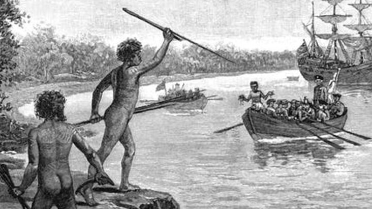 Two Dharawal men opposing Cook’s arrival at Kurnell. 