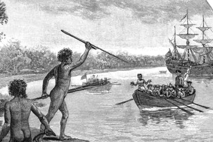 Two Dharawal men opposing Cook’s arrival at Kurnell. 