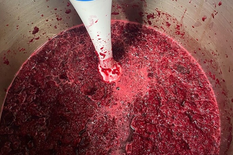 A stick mixer sits in a bowl of crimson crushed beetroot and juice.