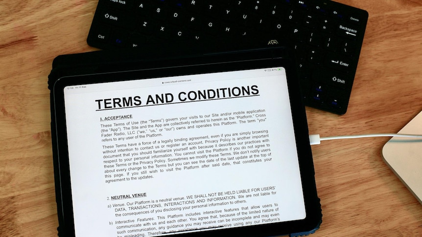 A website with 'terms and conditions' viewed on an iPad.