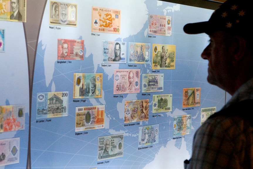 一张地图上标记着各国所使用的货币