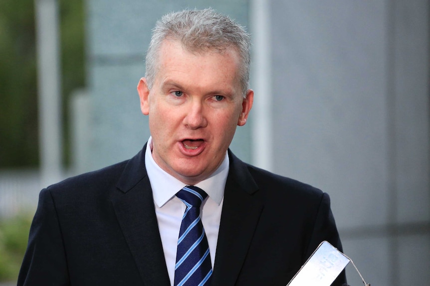 Tony Burke in mid-sentence while speaking to reporters at Parliament House.