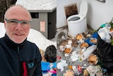 A composite image shows a man in front of a pile of rubbish on one side, while the other shows a public toilet full of rubbish.