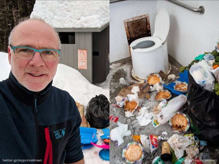 A composite image shows a man in front of a pile of rubbish on one side, while the other shows a public toilet full of rubbish.