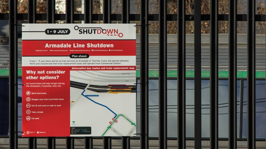A sign advising passengers of the Armadale train line shutdown.